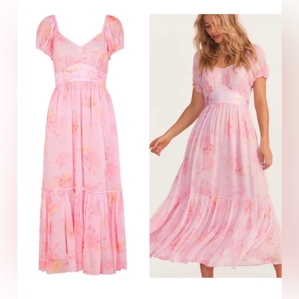 Love Shack Fancy Angie Midi Summer Morning  Floral Pink Short Sleeve Dress 0
